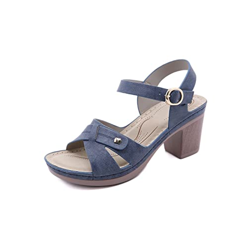 jonam Damen Sandalen High Heels Sandals Women Summer Shoes Casual Women Sandals Brand Ladies High Shoes Square Heel(Color:Blue,Size:42 EU) von jonam