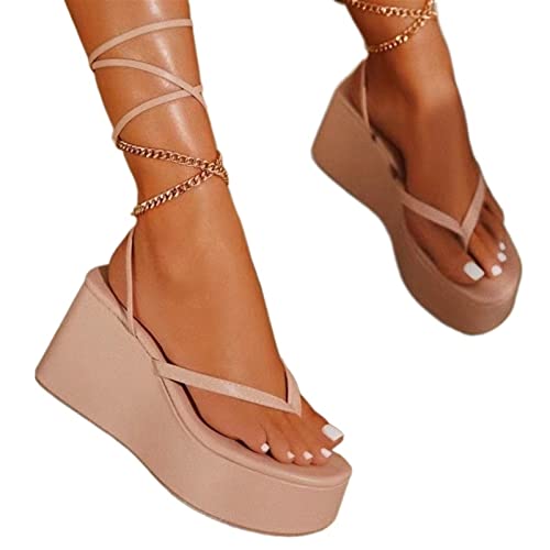 jonam Damen Sandalen Platform Sandals Women Ladies Home High Heel Style Women's Lace-Up Slip-On Buckle Toe Platform Sole Women's Shoes(Color:BEIGE,Size:40 EU) von jonam