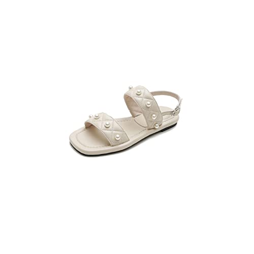 jonam Damen Sandalen Plus Size Women Flats Sandals Pearls Rivets Decorate Black White Sandals Female Summer Sasual Shoes(Color:Beige,Size:37 EU) von jonam