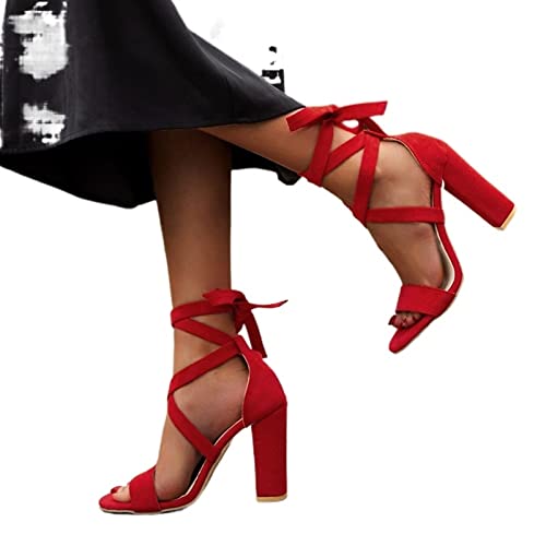 jonam Damen Sandalen Strap Lace Up Square Peep Toe Sandals Women Sexy Flared Block Heel Cross-Tied Pumps Summer Gladiator Shoes Ankle Strap(Color:Red,Size:41 EU) von jonam