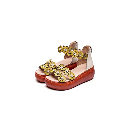 jonam Damen Sandalen Summer Women Genuine Leather Sandals Flower Stitching Sandals Ladies Open Toe Casual Shoes Platform Wedge Sandals Beach Shoes(Color:Beige,Size:39 EU) von jonam
