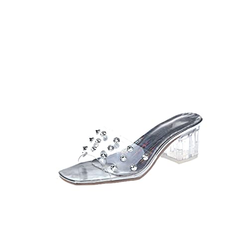 jonam Damen Sandalen Transparent Slippers Women Shoes Square Heels Slippers Woman Colored Dress Shoes Rhinestone Heeled Rivets Slides(Color:Silver,Size:42 EU) von jonam