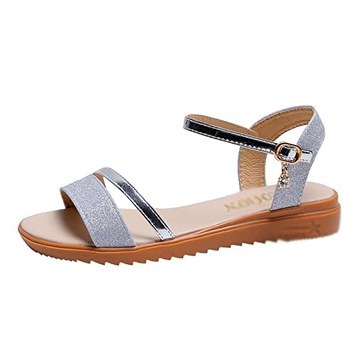 jonam Damen Sandalen Women Ankle Strap Open Toe Wedges Sandals Ladies Silver Leather Non-Slip Platform Low Heel Shoes(Size:36 EU) von jonam