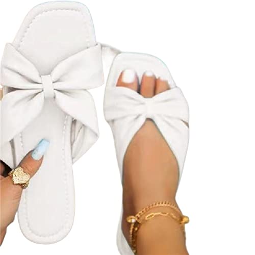 jonam Damen Sandalen Women's Slippers Summer Bow Luxury Square Head Flat Heel Female outdoor beach comfortable Sandals(Color:White,Size:35 EU) von jonam