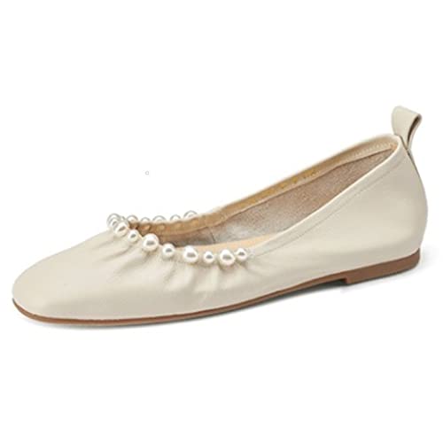 jonam Damenschuhe Round Toe Women's Pearl Shoes Women's Casual Shoes Women's Flat Shoes(Color:Beige,Size:38 EU) von jonam