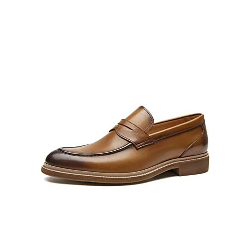 jonam Herrenschuhe Dress Loafers Men Genuine Cow Leather Slip On Round Toe Square Heel Flats Gentle Business Outdoor Male Shoes(Color:Bruin,Size:41 EU) von jonam