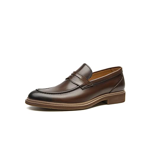 jonam Herrenschuhe Dress Loafers Men Genuine Cow Leather Slip On Round Toe Square Heel Flats Gentle Business Outdoor Male Shoes(Color:Coffee,Size:39 EU) von jonam