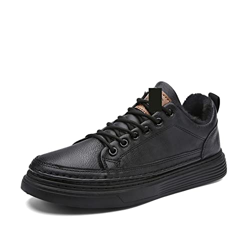 jonam Herrenschuhe Men Leather Casual Shoes Leather Flat Shoes Sneakers Pure Black Warm Thick Sole Soft Wear Low Top(Color:Black,Size:39 EU) von jonam