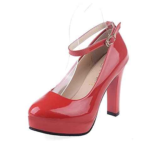 jonam High Heels Ankle Strap High Heels Sexy Pumps Patent Leather Woman Thick Platform Mary Jane Women Party Shoes Buckle Shallow Shoes(Color:Red,Size:37 EU) von jonam