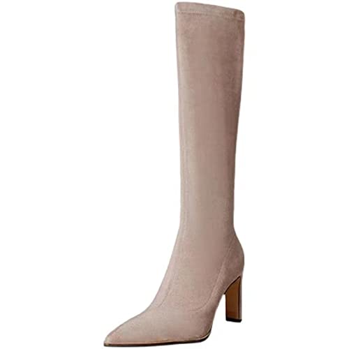 jonam High Heels Apricot Knee High Boots For Women Autumn Winter Round Toe Zipper Chunky High Heel Shoes Large Size(Size:38 EU) von jonam