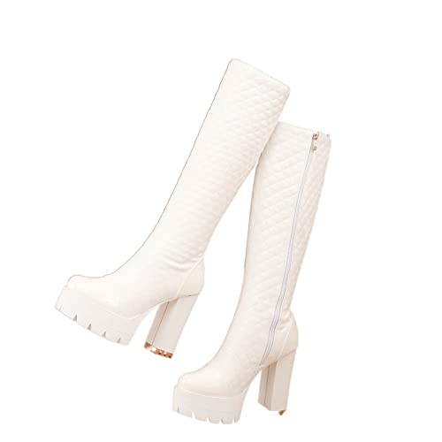 jonam High Heels Black White Winter Women Boots Thick High Heel Knee High Boots Autumn Long Boots Shoes(Size:36 EU) von jonam