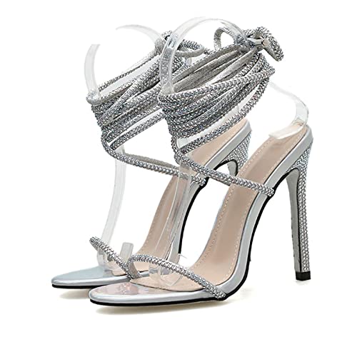 jonam High Heels Crystal Rhinestone Sandals Women Summer Ankle Lace-Up Open Toe Thin High Heel Wedding Dress Shoes(Size:38 EU) von jonam