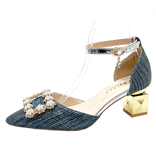 jonam High Heels Elegant Pearl Wedding Shoes Women Pointed Toe Thick Heels Pumps Woman Shining Crystal High Heels Shoes(Size:38 EU) von jonam