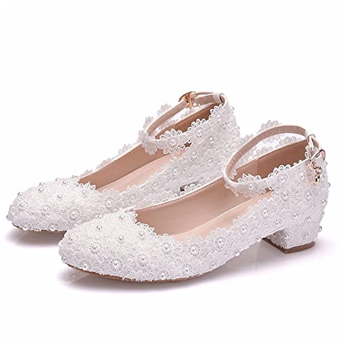 jonam High Heels Female Wedding Shoes Banquet White Flower Pearl Round Toe Square High Heels Women Bridal Pumps(Size:40 EU) von jonam