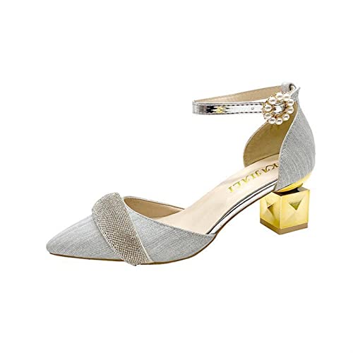 jonam High Heels Gold Silver Crystal Wedding Pumps Women Elegant Ladies High Heel Dance Shoes Summer Women Pearl Ankle Strap Pumps Sandals(Size:36 EU) von jonam