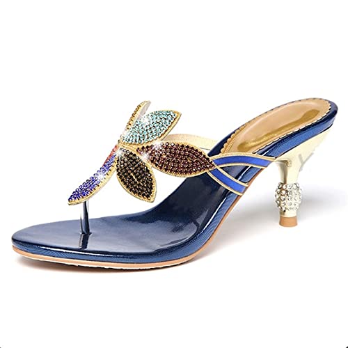 jonam High Heels Goldblau Strandschuhe Damen Strass Sandalen Sommer Damen Hausschuhe Kristall Sandalen Hausschuhe High Heels(Color:Blue,Size:36 EU) von jonam