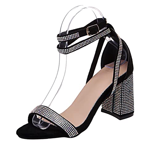 jonam High Heels Heel Sandals Women Rhinestone Thick Heel Rhinestone Word Belt Formal Dress Banquet Women Sandals(Color:Black,Size:36 EU) von jonam