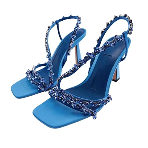 jonam High Heels High-heeled Studded Shoes For Women, Luxury Heeled Sandals With Blue Rhinestones, And Wedding Parties, Summer(Color:Blue,Size:37 EU) von jonam