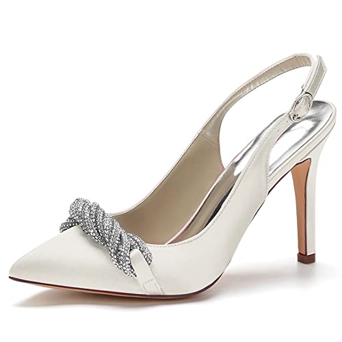 jonam High Heels Ladies Pointed Toe Dress High Heel Slingback Evening Dress Crystal Trim Bridal Wedding Party Prom Heels(Color:White,Size:36.5) von jonam