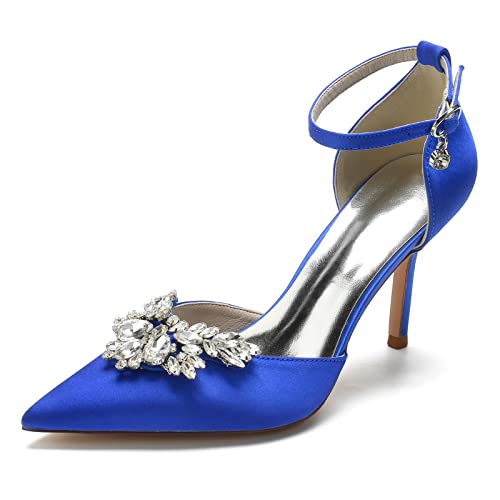 jonam High Heels Ladies Satin Evening Dress, Stiletto Heels with Large Stone Crystal, Bridal Wedding Shoes with Ankle Strap(Color:Blue,Size:43 EU) von jonam