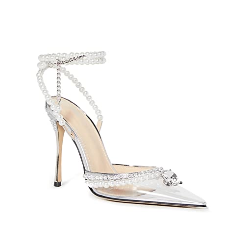 jonam High Heels Pearls Women Pumps Transparent Ankle Strap Party High Heels Spring Summer Wedding Prom Shoes(Color:Silver,Size:38 EU) von jonam
