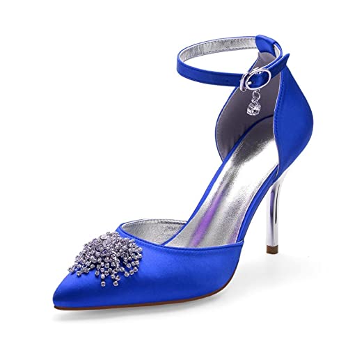 jonam High Heels Pointy Satin Shoes for Women, Evening Dress Shoes, Weddings, Parties, Graduations, Heels with Crystal Brooches(Color:Blue,Size:37 EU) von jonam