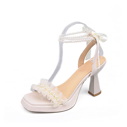 jonam High Heels Ribbon Bowknot Women Sandals Summer Square Toe Pearl Ankle Strap Party Wedding High Heels For Woman(Color:Beige,Size:39 EU) von jonam