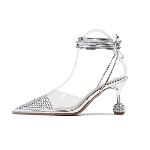 jonam High Heels Sandals Transparent Pointed Toe Rhinestone High Heels Silver Women Shoes(Size:37 EU) von jonam