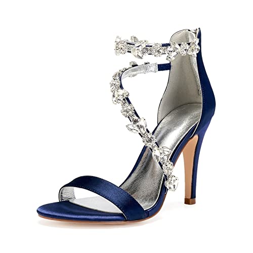 jonam High Heels Satin Sandals With Fine Crystal Straps For Women, High Heels, Evening Gowns, Weddings, Parties, Nightclubs(Color:Navy blue,Size:36 EU) von jonam