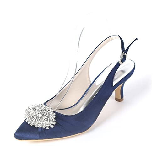 jonam High Heels Satin Shoes with Narrow Toe Women, Pleated Evening Dress Shoes, Crystal Brooch, Wedding, Graduation, Low Heel(Color:Blue,Size:40 EU) von jonam