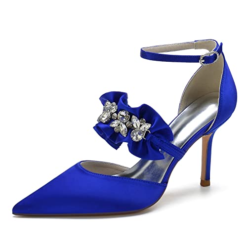 jonam High Heels Satin Shoes with Pointed Toes for Women, Evening Dress Shoes with Ankle Straps, with Ruffles, Stilettos(Color:Blue,Size:36.5) von jonam