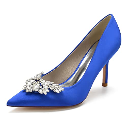jonam High Heels Satin Shoes with Pointed Toes for Women, Evening Dress Shoes with Large Crystal Leaves, No Laces, Party(Color:Blue,Size:36 EU) von jonam