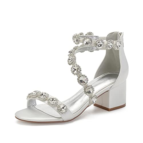 jonam High Heels Shiny Crystal Sandals For Women, Satin Shoes For Wedding Dresses, Thick Heels For Brides, Parties, Graduations(Color:White,Size:42 EU) von jonam