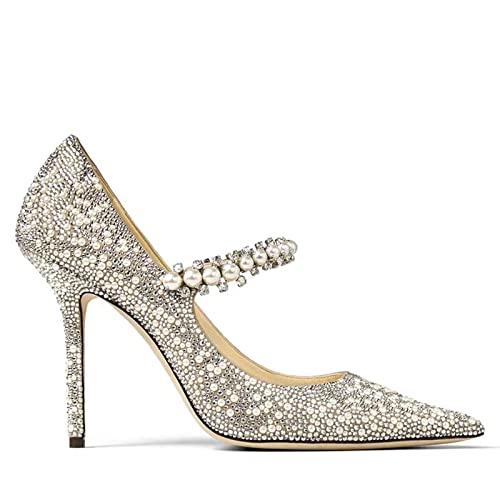 jonam High Heels Shoes Women Single Shoes Stiletto Pointed Shallow Mouth Silver Buckle Belt Pearl Crystal Bridal High Heels Womens Shoes(Size:37 EU) von jonam