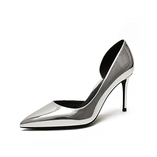 jonam High Heels Silver Patent Leather Pointed Toe Wedding Party Bride Bridesmaid Open One Side Women Lady High Heel Shoes Pump(Size:44 EU) von jonam