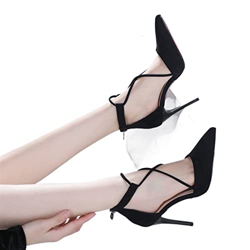 jonam High Heels Single Shoe Spring And Summer Small Fresh Girl High Heel Shoes Black Suede Thin Heel Sandals Pointed Strap(Size:36 EU) von jonam