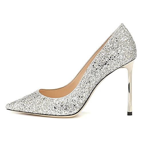 jonam High Heels Spring Woman High Heels Silver Wedding Shoes Stiletto Pointed Toe Slip-on PU Bling Luxury Ladies(Size:39 EU) von jonam