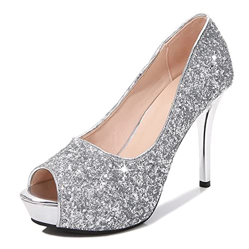 jonam High Heels Stiletto Heels Peep Toe Women Shoes Sexy Bling Black Silver High Heels Party Wedding Shoes Silver Platform Heels(Size:36 EU) von jonam