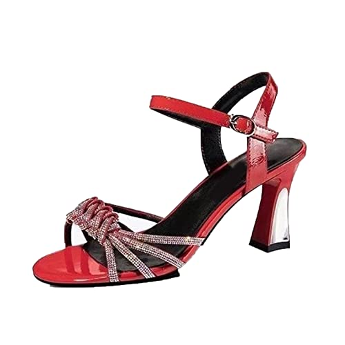 jonam High Heels Summer Women Sandals Thick Heel Rhinestone Fish Mouth Red High Heels Buckle Word Belt Women Shoes(Size:37 EU) von jonam