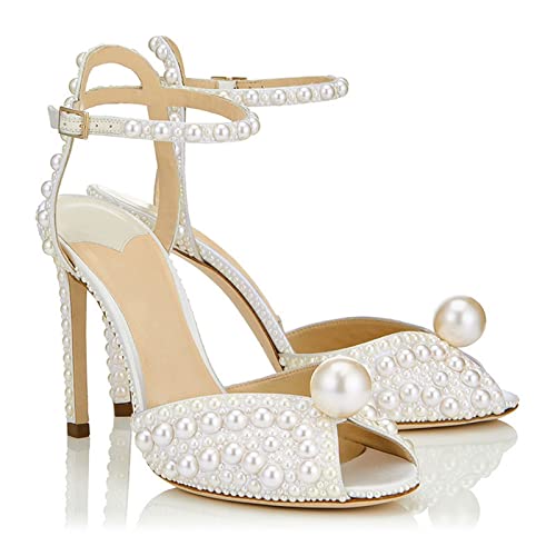 jonam High Heels Summer sweet beige pearl hollow fish mouth fine high-heeled bridal wedding shoes large size banquet dress female sandals(Size:37 EU) von jonam