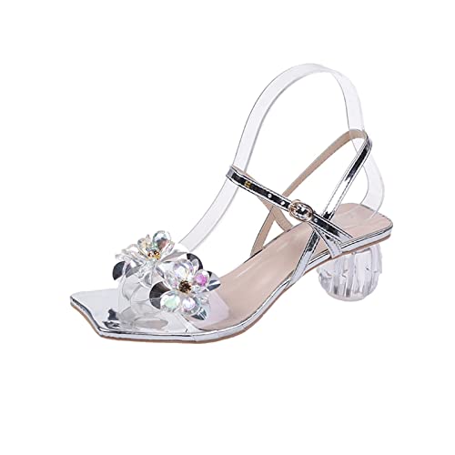 jonam High Heels Transparent Crystal Thick Heel Women Sandals Summer Rhinestone Flower High-heeled Sandals Women(Color:Silver,Size:37 EU) von jonam