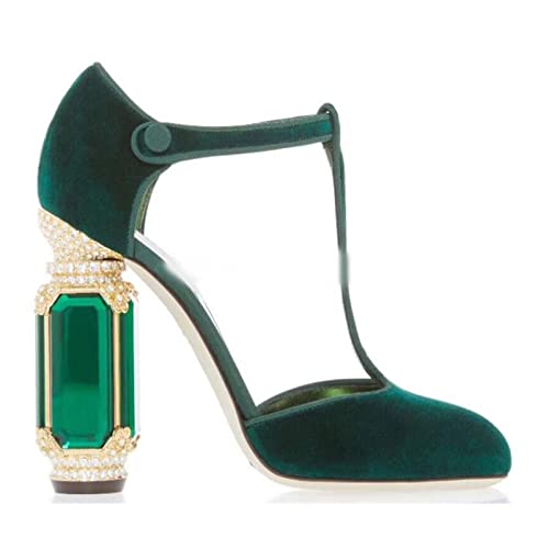jonam High Heels Velvet Gemstone Embellished Heels Shoes Woman Crystal Chunky Heels Pumps Best Desinger(Size:38 EU) von jonam