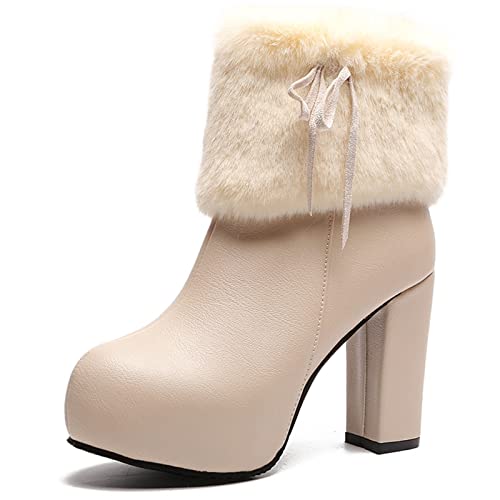 jonam High Heels Warm Fur High Heels Ankle Boots Women Winter Thicken Plush Thick Heeled Boots Woman Plus Size Leather(Color:Beige,Size:36 EU) von jonam