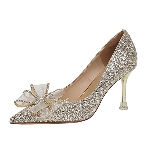 jonam High Heels Wedding Bridal Shoes Pumps High Heel Woman Spring Single Shoe Gold Bow Sequined Mesh Female Shoes Party(Size:36 EU) von jonam