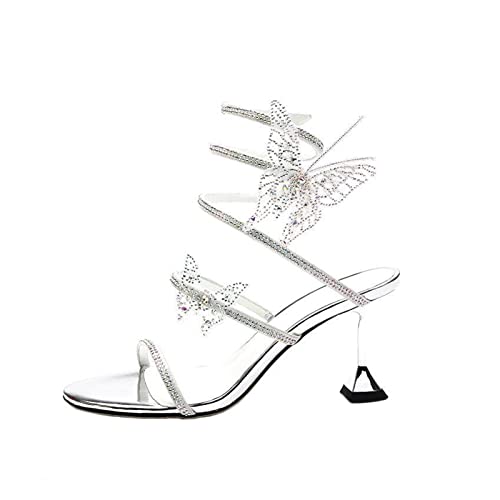 jonam High Heels Winding Sandals For Women High Heel Wedding Shoes Women Bow Stiletto Heel(Color:Silver,Size:36 EU) von jonam