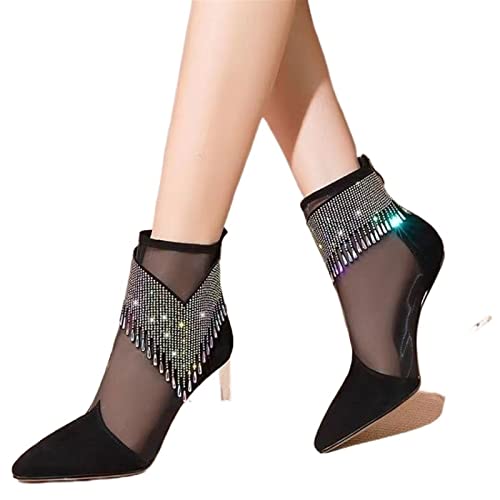 jonam High Heels Women Boots Luxury Brand Tassel Rhinestone Designer Shoes Mesh Thick Heel Sexy High Heels Women(Size:38 EU) von jonam