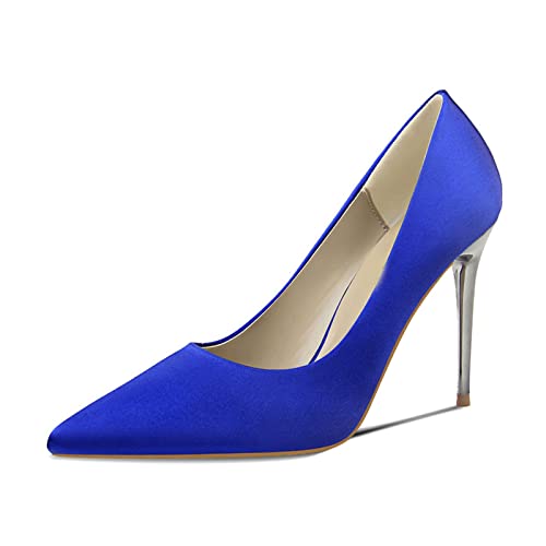 jonam High Heels Women High Heels Pumps Pointed Satin Blue Red Party Bridal Wedding Shoes Stiletto Heel Shoes Female(Color:Blue,Size:36 EU) von jonam