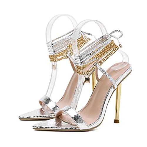 jonam High Heels Women Sandals High Heels Chain Ankle Strap Pointed Toe Female Party Shoes(Color:Silver,Size:39 EU) von jonam