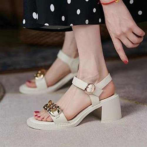 jonam High Heels Women Sandals Real Leather Shoes Round Toe Thick High Heels Sandals Buckle Strap Chain Ladies Footwear Summer(Size:36 EU) von jonam