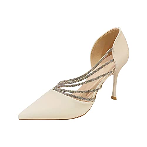 jonam High Heels Women Toe Pumps Narrow Band Crystal Stiletto Thin Heel Pumps Slip On Shallow Dress Shoes High Heel Wedding Shoes(Color:Beige,Size:36 EU) von jonam